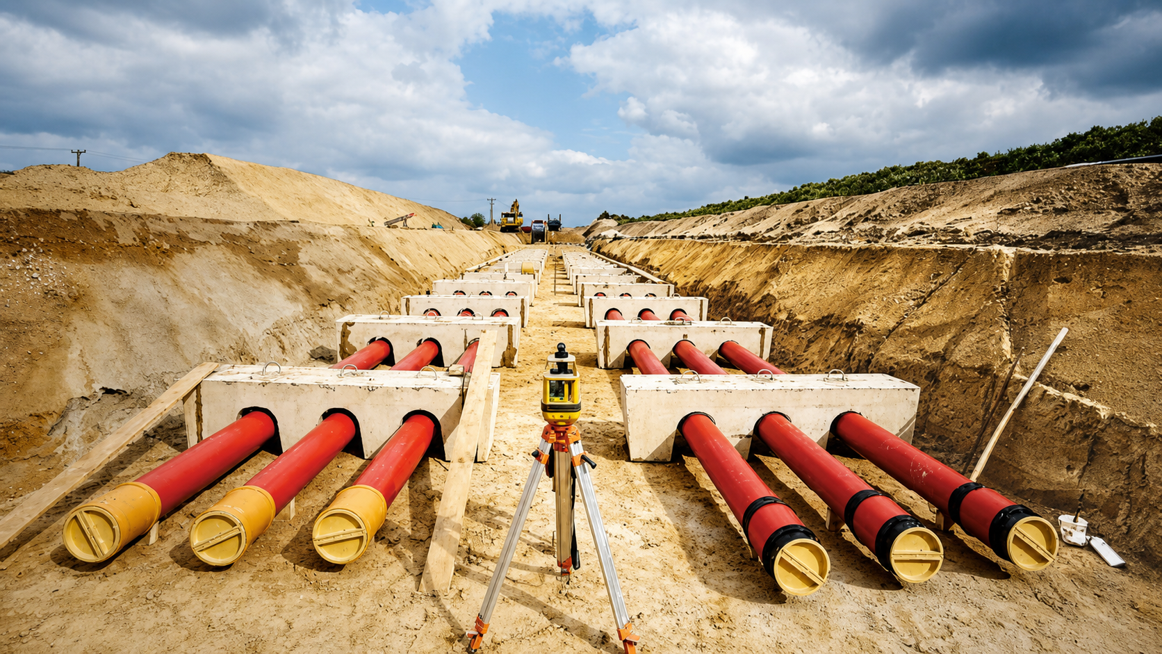 Baugrube mit roten Rohrleitungen, Betonlagern und Vermessungsgerät im Vordergrund
